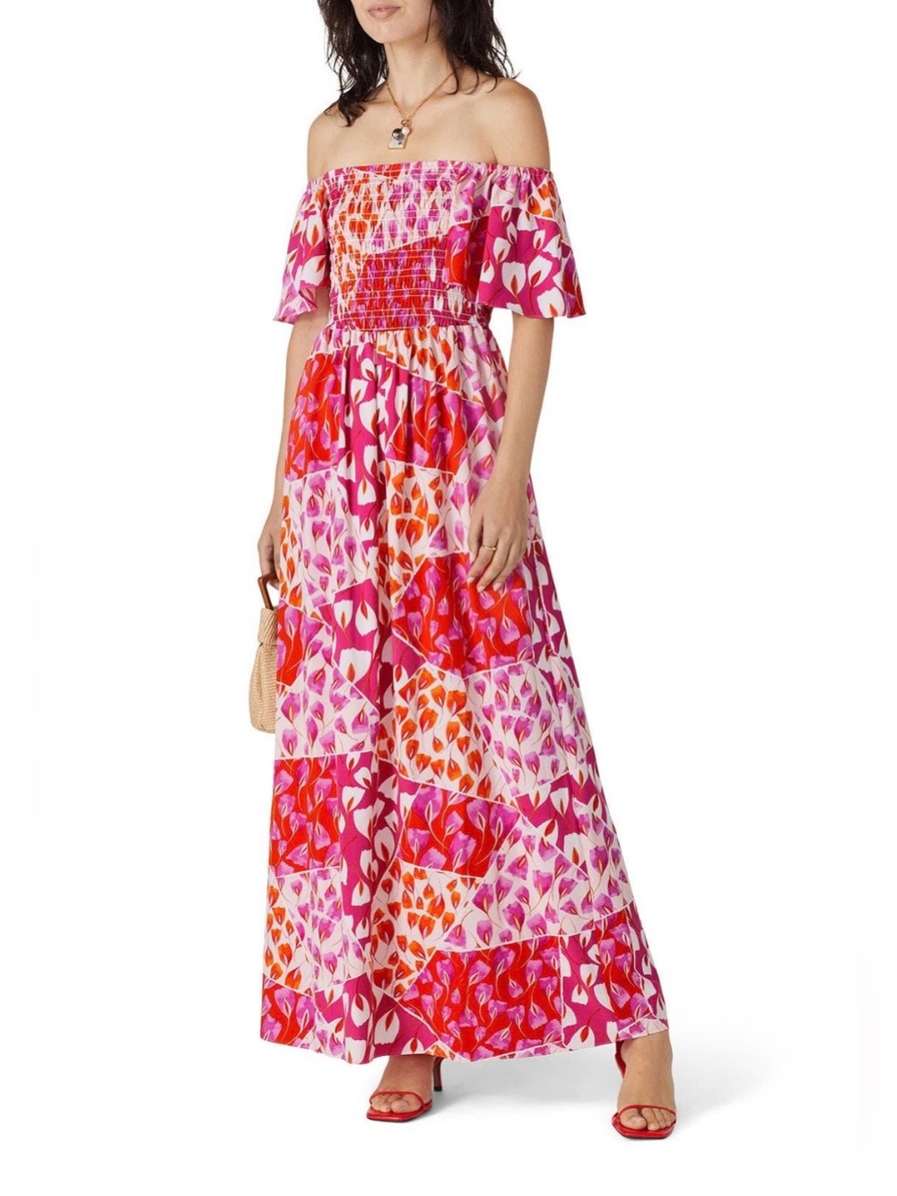 Natori~Pink & Red Multi Floral Off-Shoulder Maxi Dress~Size Small~$198~